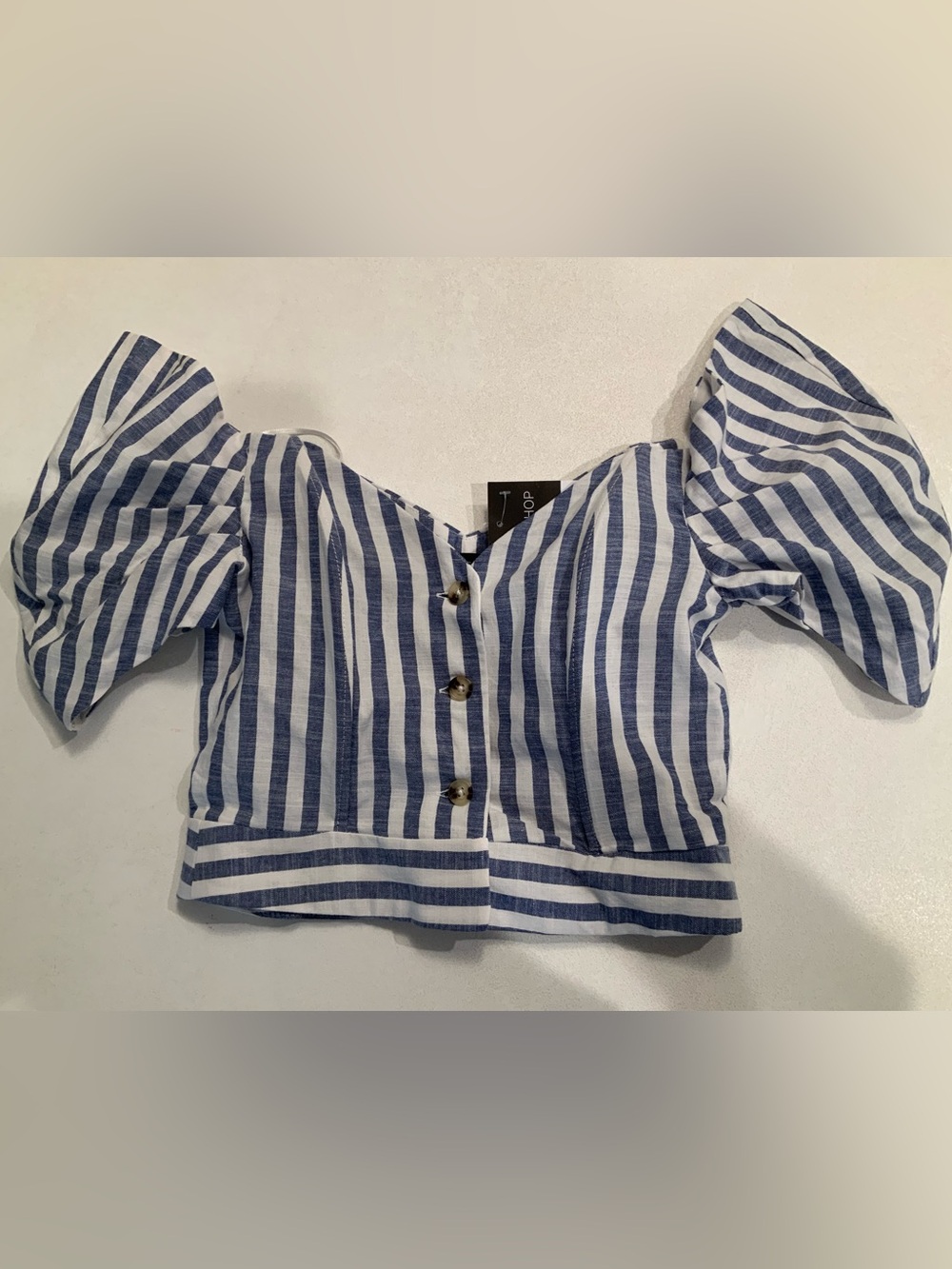 Blue & White Stripe Crop Top Sweetheart Neckline Sz 4 Puff Sleeve NWT Topshop